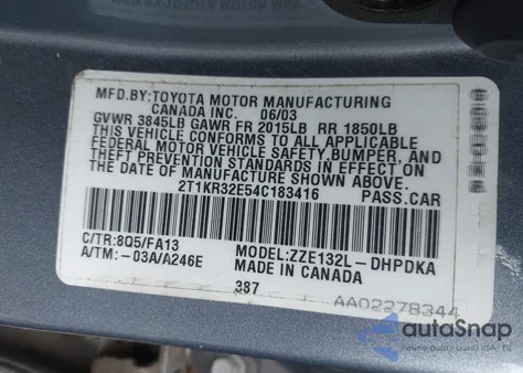 2004 Toyota Matrix Standard/Xr из США, поврежденный, VIN 2T1KR32E54C183416